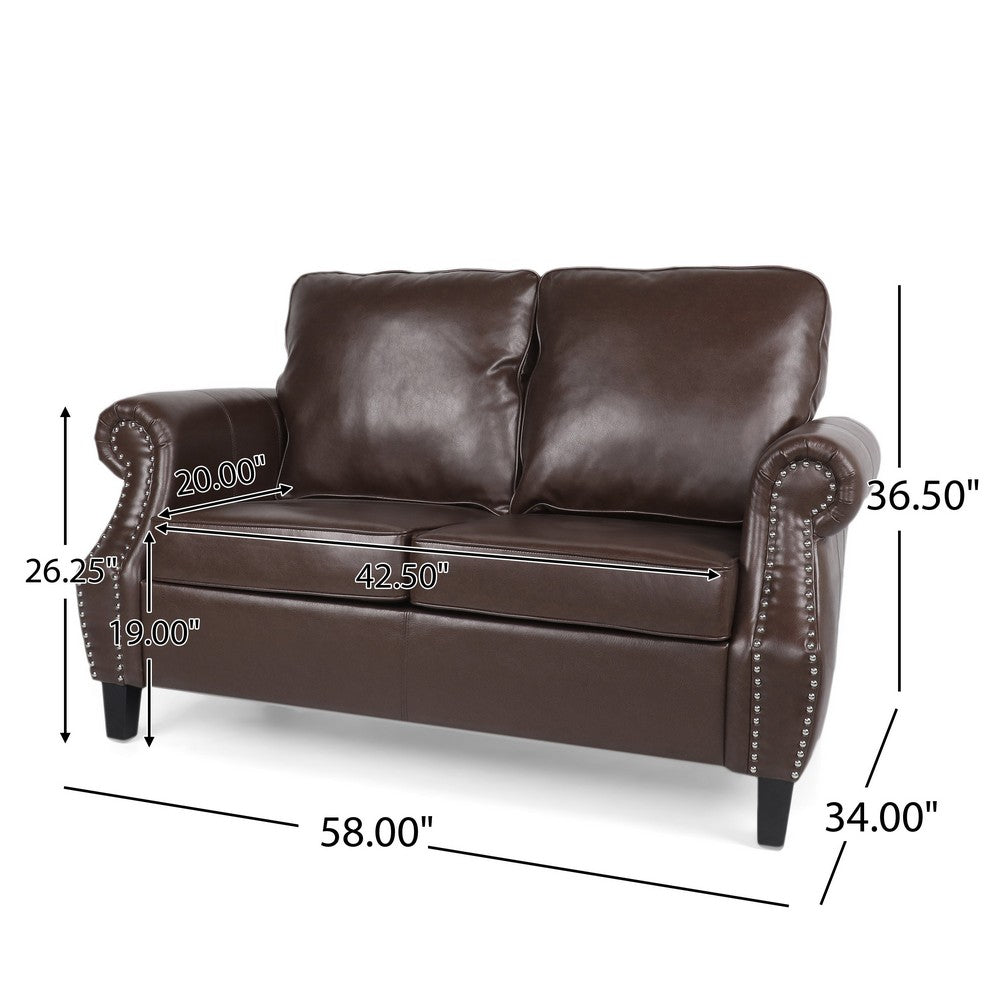 Zika Loveseat, Nailhead Trim Dark Brown Faux Leather, 59 Inch -BM335226
