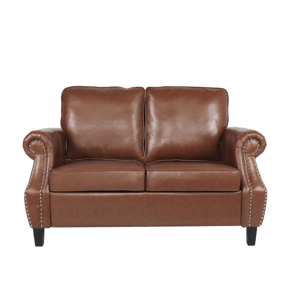 Zika Loveseat, Nailhead Trim Light Brown Faux Leather, 59 Inch -BM335227