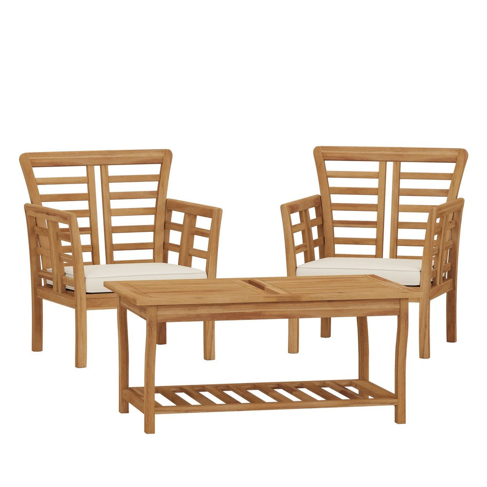 3pc Outdoor Club Chair Set w Coffee Table, Brown Wood Slatted Design -BM335252