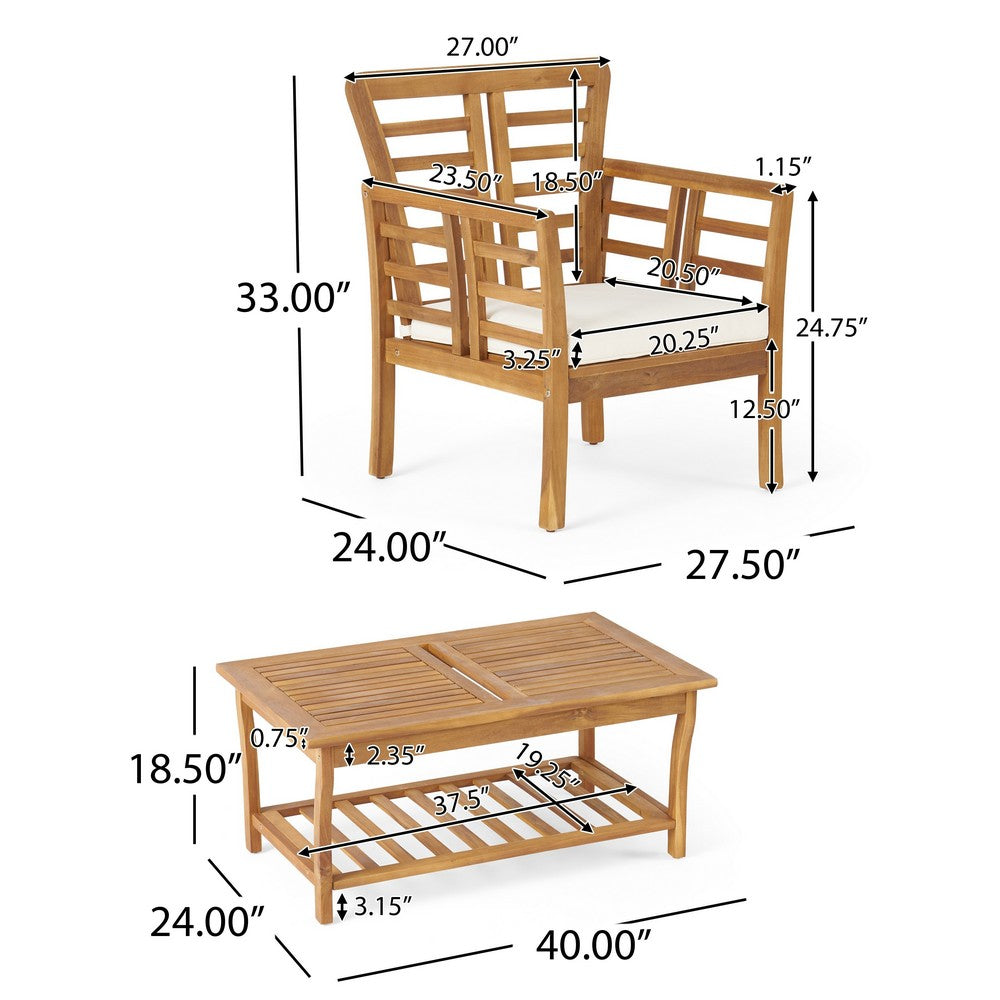 3pc Outdoor Club Chair Set w Coffee Table, Brown Wood Slatted Design -BM335252