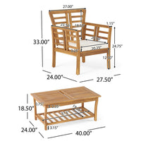 3pc Outdoor Club Chair Set w Coffee Table, Brown Wood Slatted Design -BM335252