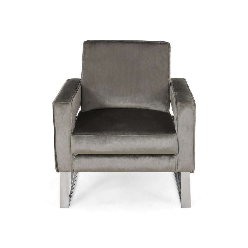 Club Armchair, Cutout Armrests, Chrome Steel and Modern Gray Velvet -BM335261