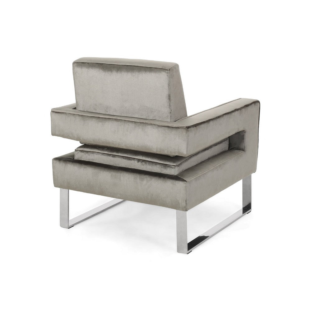Club Armchair, Cutout Armrests, Chrome Steel and Modern Gray Velvet -BM335261