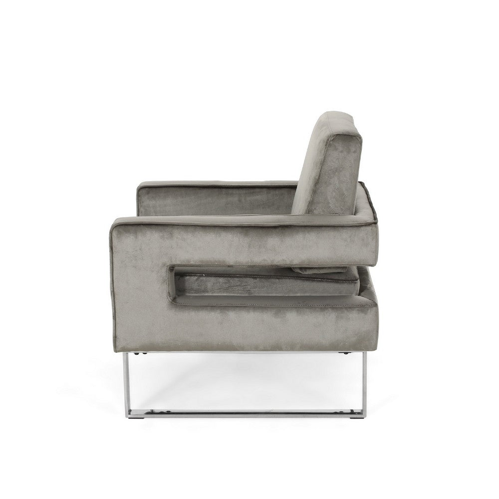 Club Armchair, Cutout Armrests, Chrome Steel and Modern Gray Velvet -BM335261