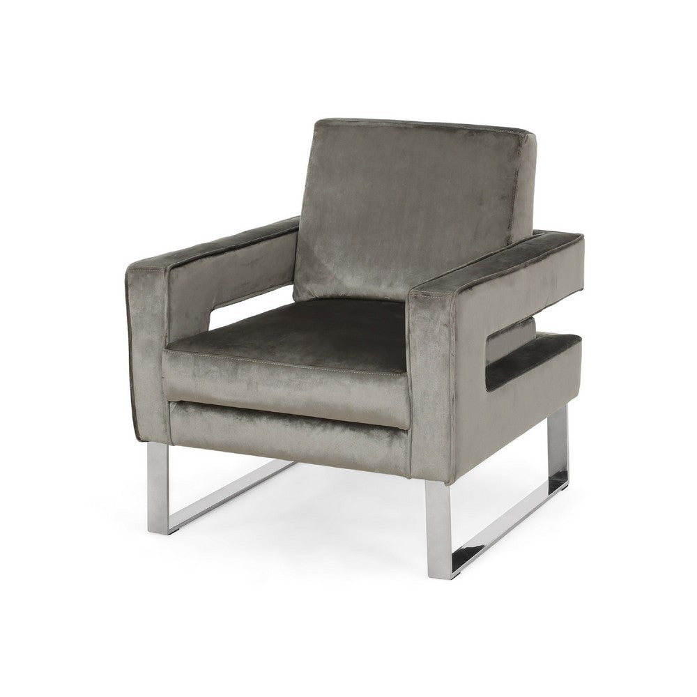 Club Armchair, Cutout Armrests, Chrome Steel and Modern Gray Velvet -BM335261