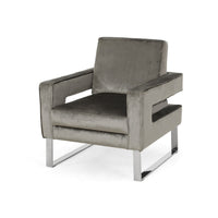 Club Armchair, Cutout Armrests, Chrome Steel and Modern Gray Velvet -BM335261