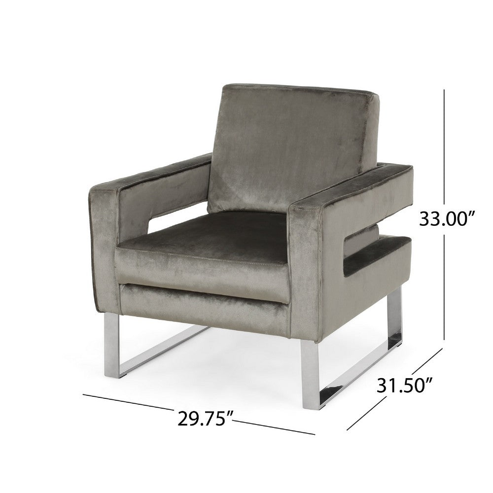 Club Armchair, Cutout Armrests, Chrome Steel and Modern Gray Velvet -BM335261