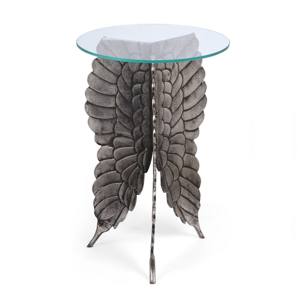 Accent Table w 17 Inch Glass Top, Butterfly Wing Nickel Aluminum Base -BM335264