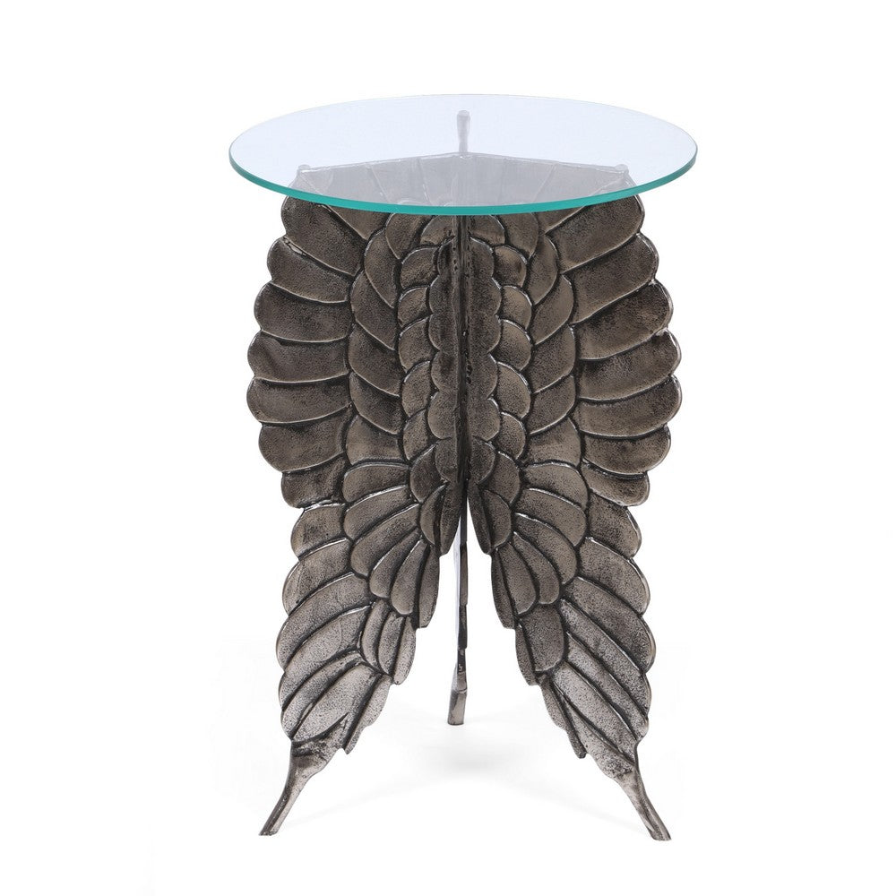 Accent Table w 17 Inch Glass Top, Butterfly Wing Nickel Aluminum Base -BM335264