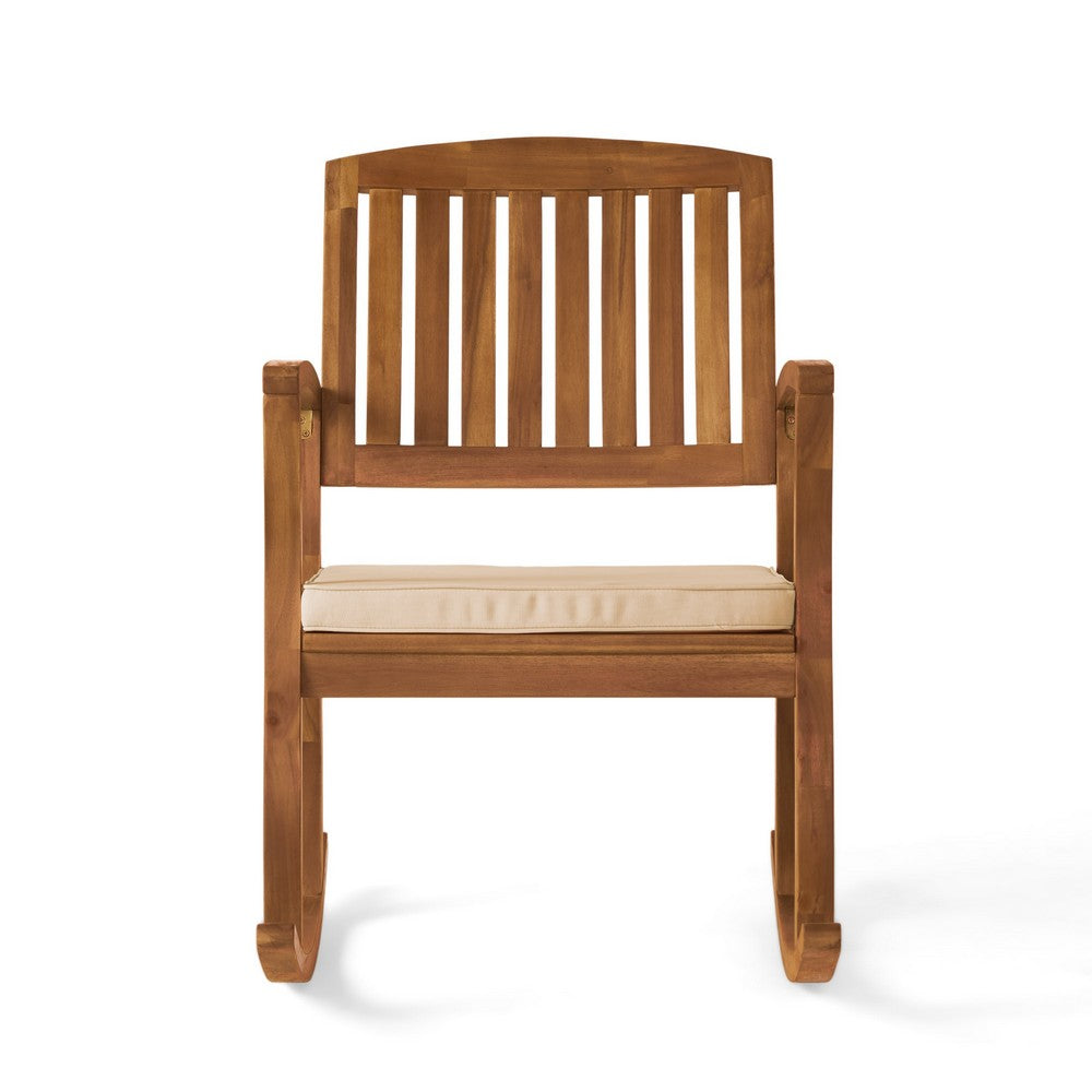 Bang Outdoor Rocking Chair w Cushion, Slatted Back, Brown Acacia Wood -BM335267