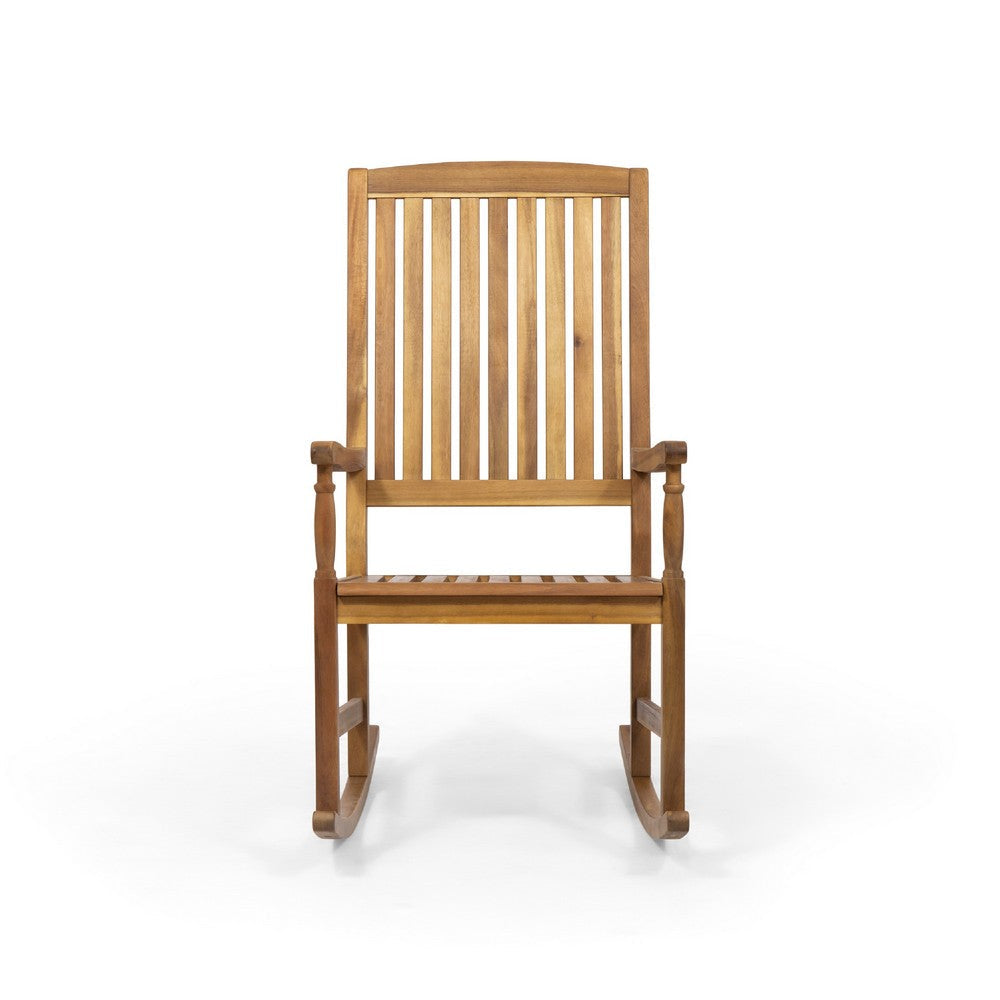 Fred Outdoor Rocking Chair, Slatted Back Design, Brown Acacia Wood -BM335268