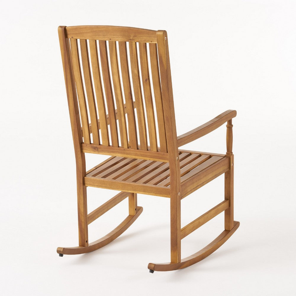 Fred Outdoor Rocking Chair, Slatted Back Design, Brown Acacia Wood -BM335268