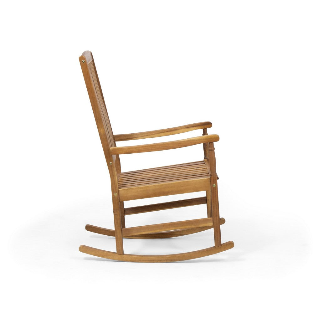 Fred Outdoor Rocking Chair, Slatted Back Design, Brown Acacia Wood -BM335268