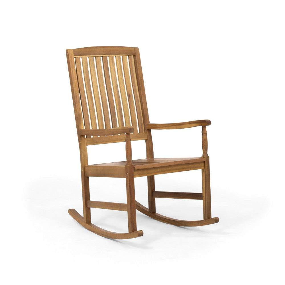 Fred Outdoor Rocking Chair, Slatted Back Design, Brown Acacia Wood -BM335268