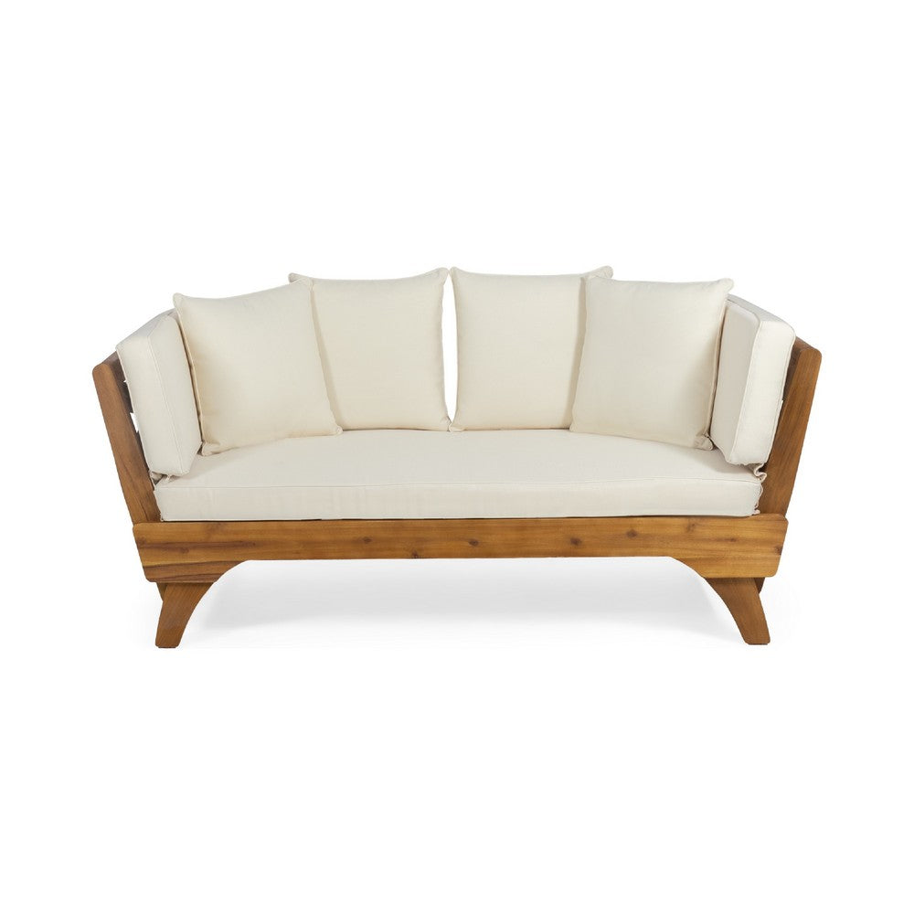 Flex Outdoor Daybed, Brown Wood, 65 Inch, Ivory Polyester Cushions -BM335272