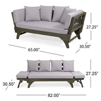 Flex Outdoor Daybed, 65 Inch, Acacia Wood, Gray Polyester Cushions -BM335273