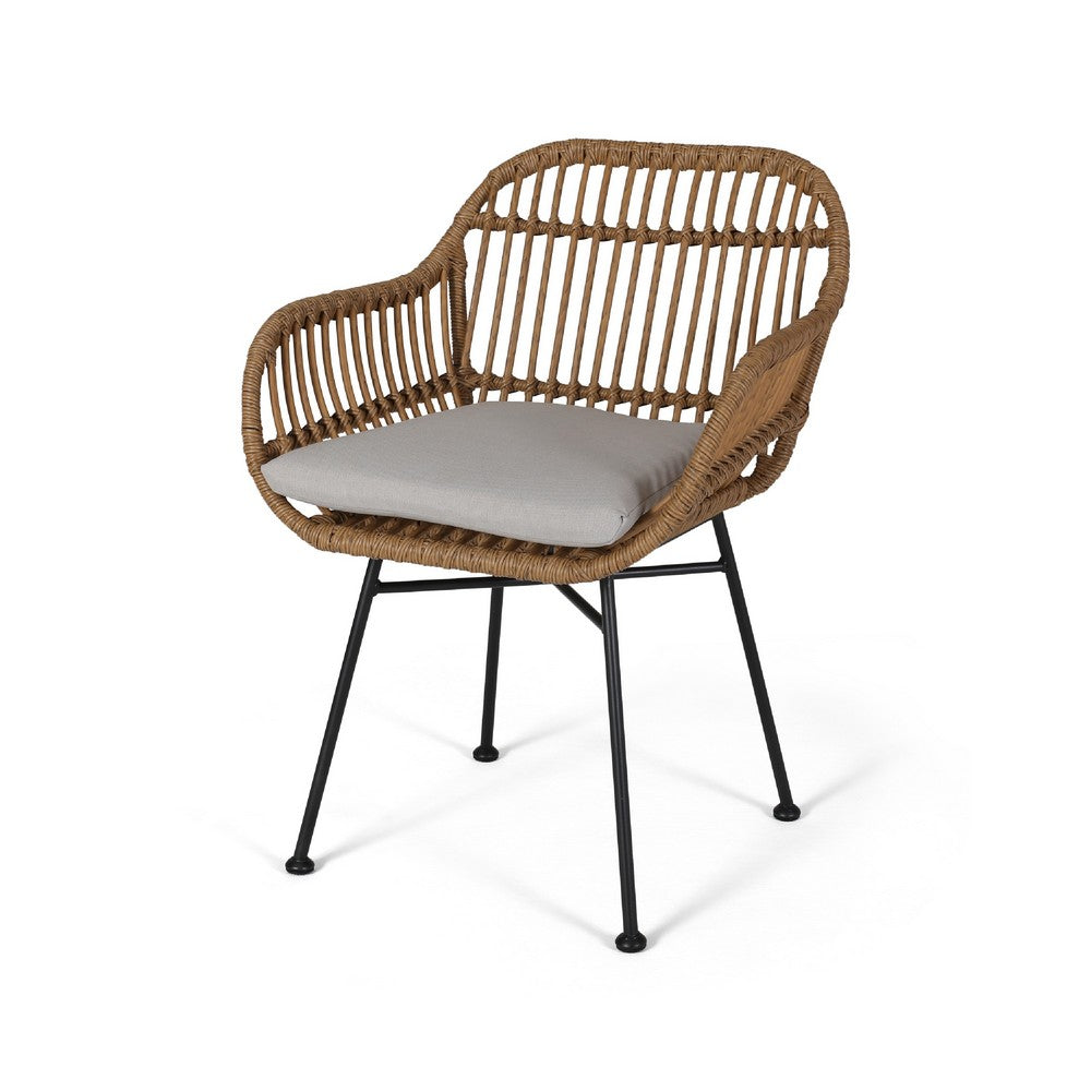 Tee Outdoor Accent Chair, Brown Rattan Seat and Back, Black Metal -BM335275
