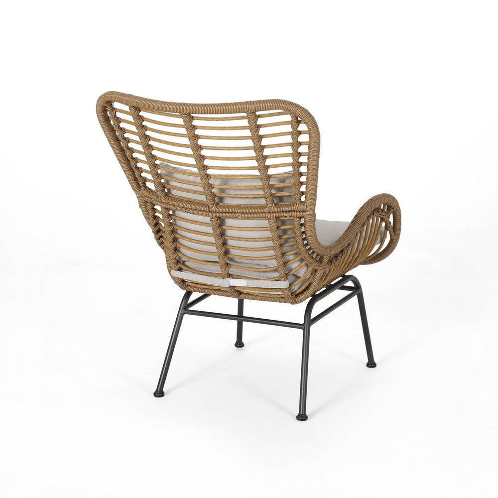 Margo Outdoor Accent Chair, Brown Woven Rattan, Beige, Black Metal -BM335276