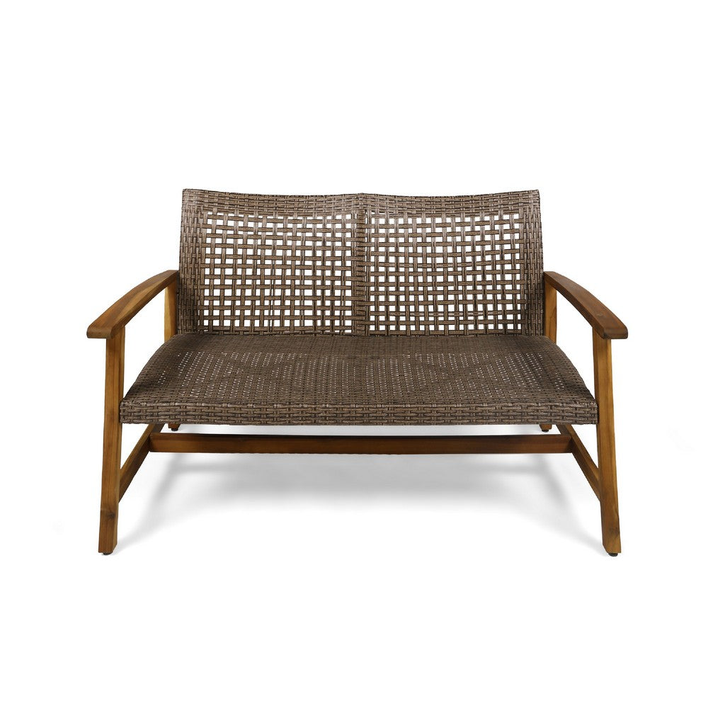 Bops Outdoor Loveseat, Natural Brown Acacia Wood, 52 Inch, Gray Wicker -BM335278