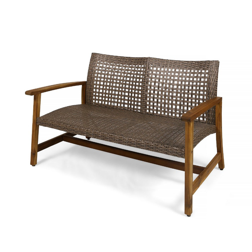 Bops Outdoor Loveseat, Natural Brown Acacia Wood, 52 Inch, Gray Wicker -BM335278
