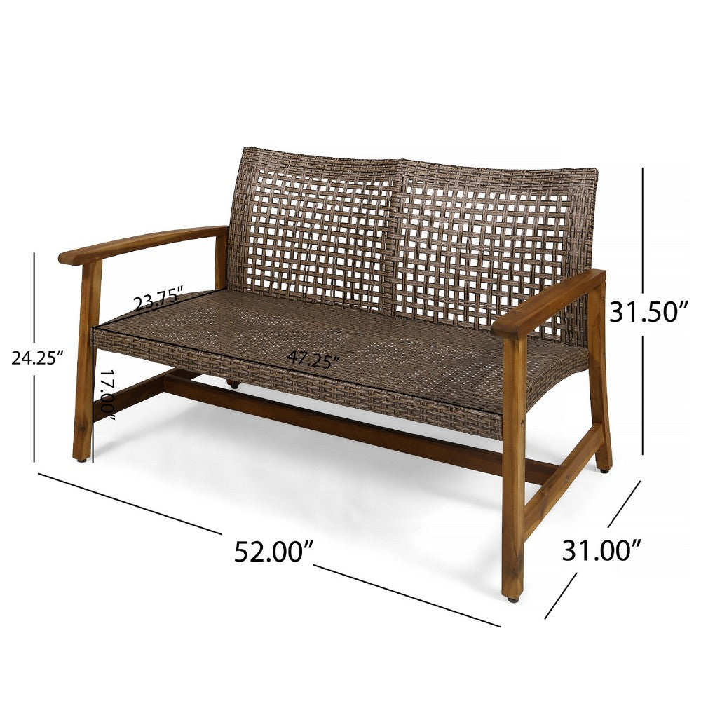 Bops Outdoor Loveseat, Natural Brown Acacia Wood, 52 Inch, Gray Wicker -BM335278