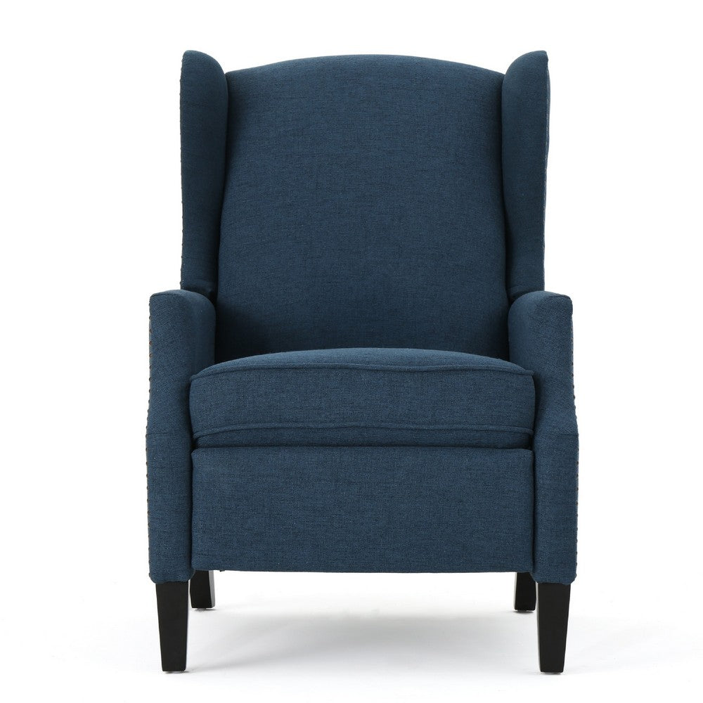 Manual Recliner Chair, Wingback and Nailhead Trim, Navy Blue Polyester -BM335285