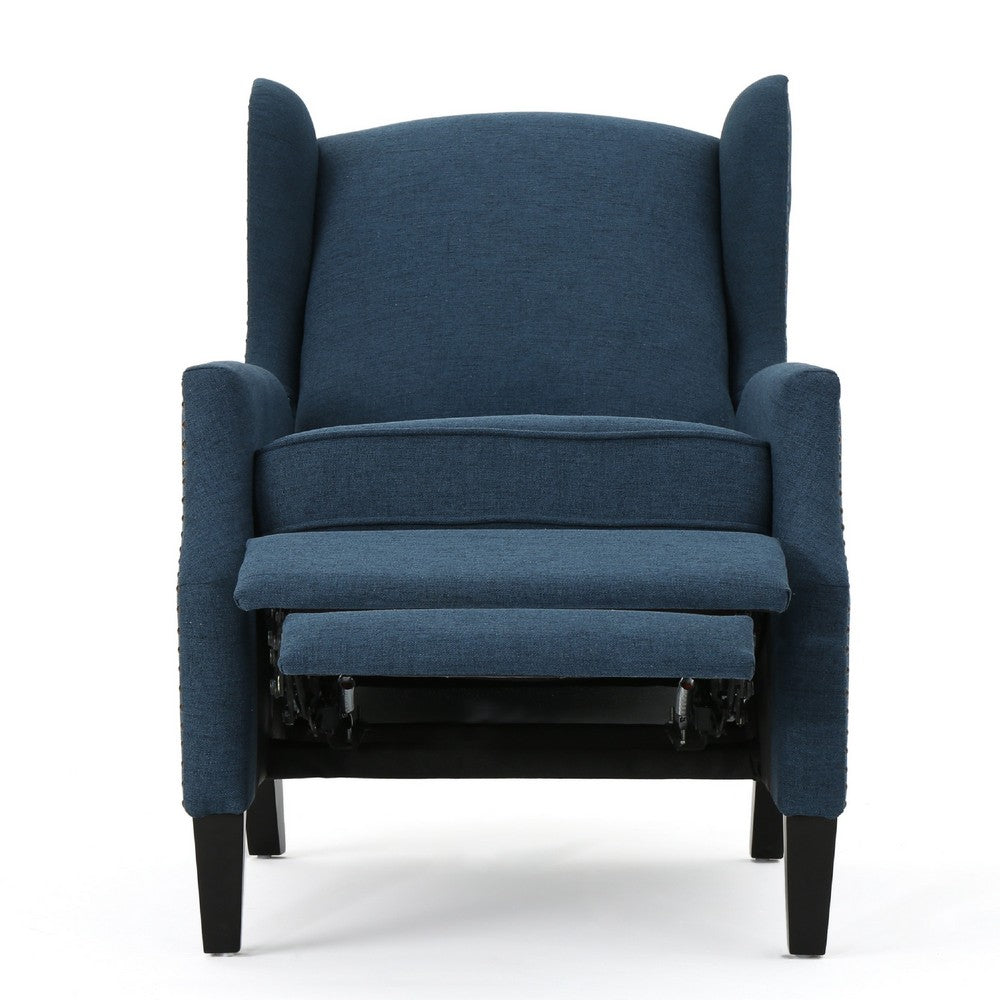 Manual Recliner Chair, Wingback and Nailhead Trim, Navy Blue Polyester -BM335285