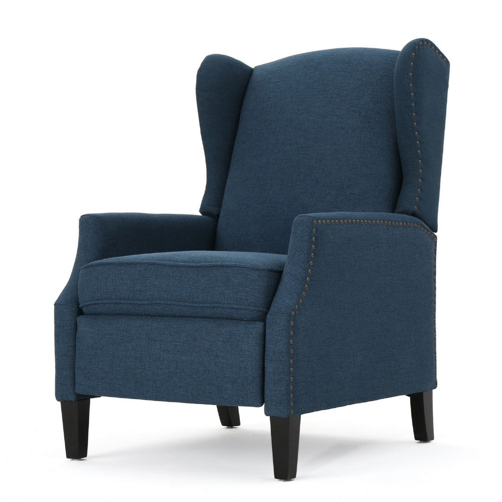 Manual Recliner Chair, Wingback and Nailhead Trim, Navy Blue Polyester -BM335285