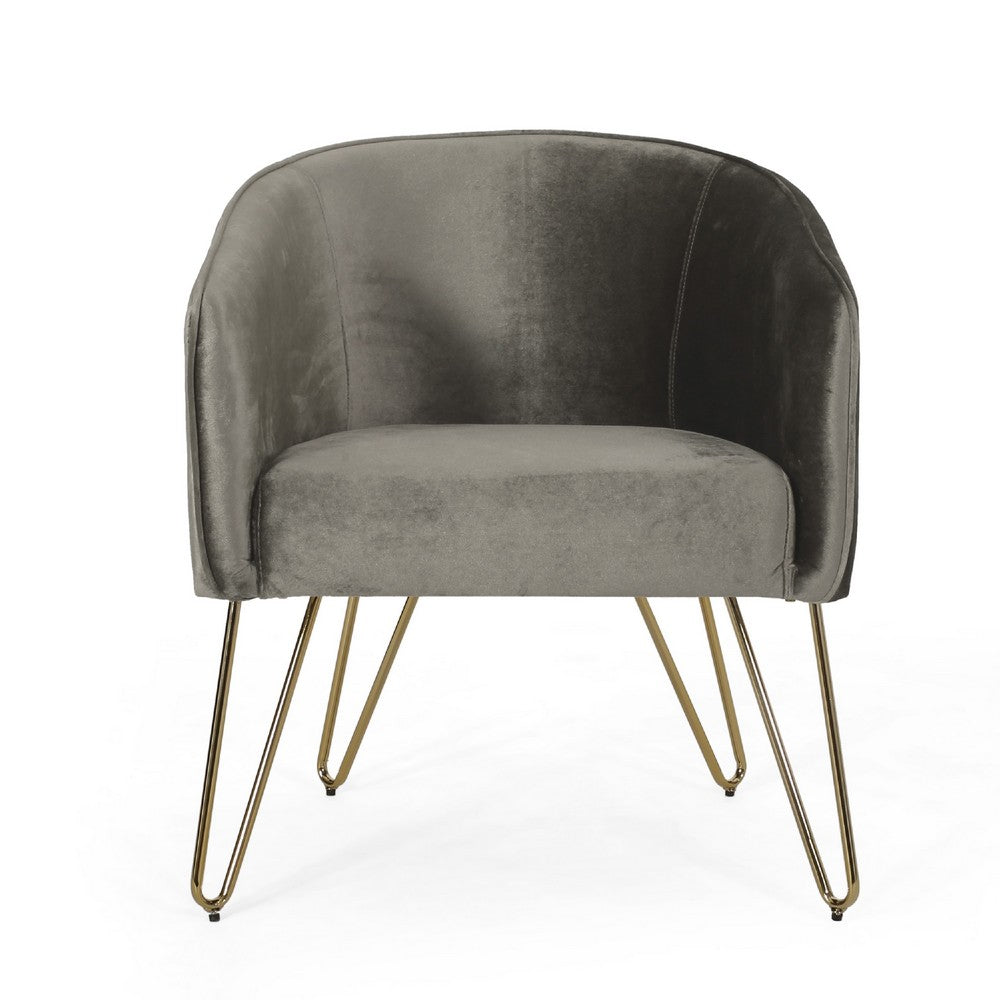 Anya Lounge Armchair, Curved Round Seat, Gold Hairpin Legs Gray Velvet -BM335297