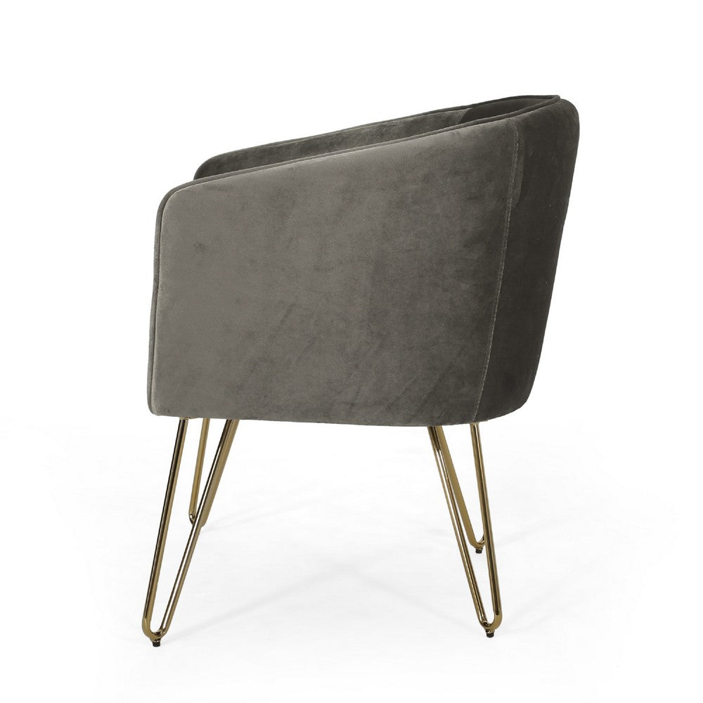 Anya Lounge Armchair, Curved Round Seat, Gold Hairpin Legs Gray Velvet -BM335297