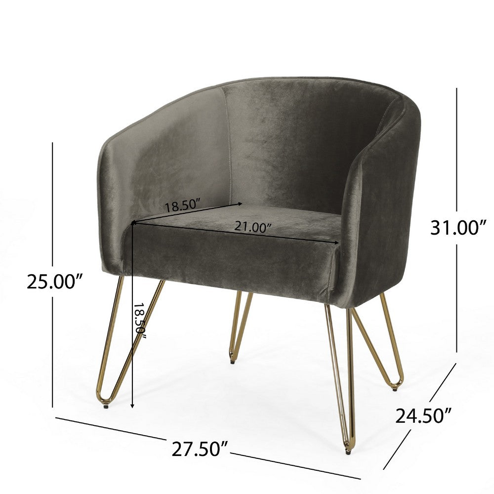 Anya Lounge Armchair, Curved Round Seat, Gold Hairpin Legs Gray Velvet -BM335297