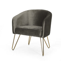 Anya Lounge Armchair, Curved Round Seat, Gold Hairpin Legs Gray Velvet -BM335297
