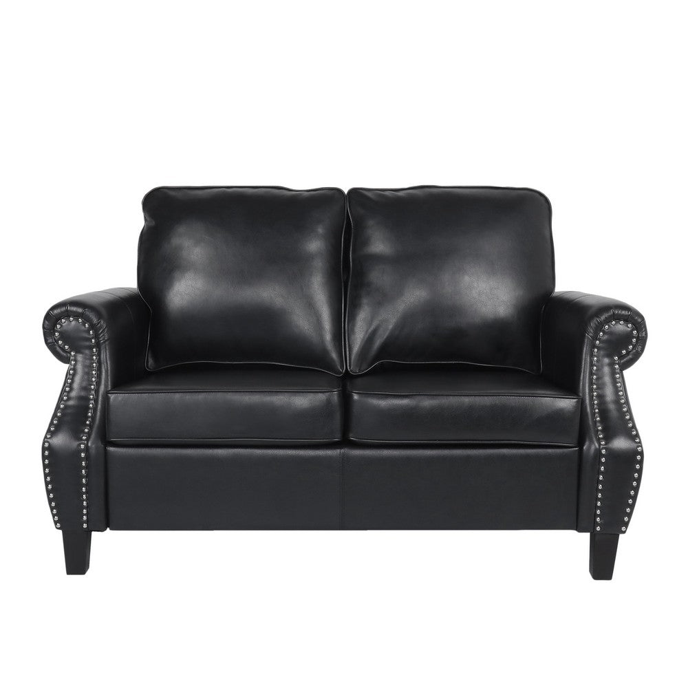 Zika Loveseat, Nailhead Trim, Solid Wood, Black Faux Leather, 59 Inch -BM335310