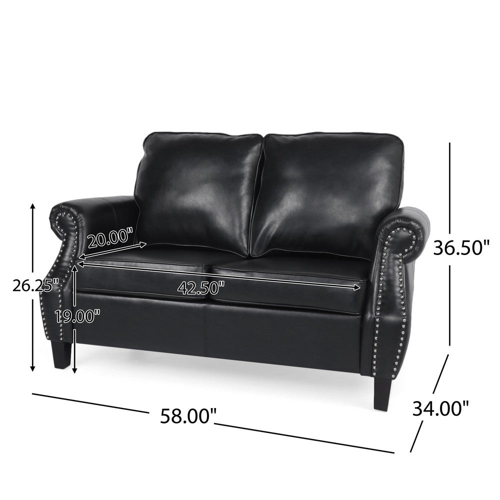 Zika Loveseat, Nailhead Trim, Solid Wood, Black Faux Leather, 59 Inch -BM335310