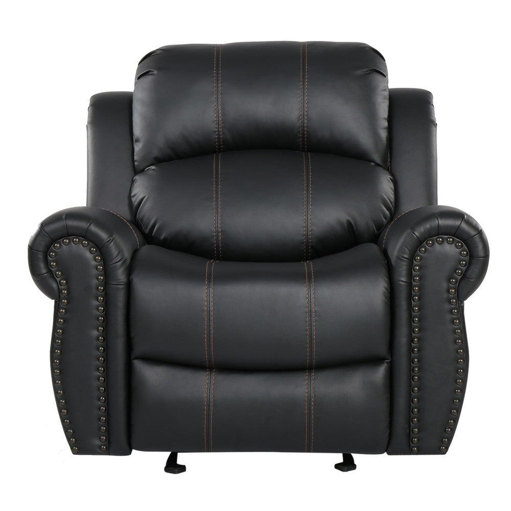 Manual Glider Recliner Chair, Nailhead Trim, Plush Black Faux Leather -BM335317