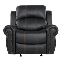Manual Glider Recliner Chair, Nailhead Trim, Plush Black Faux Leather -BM335317