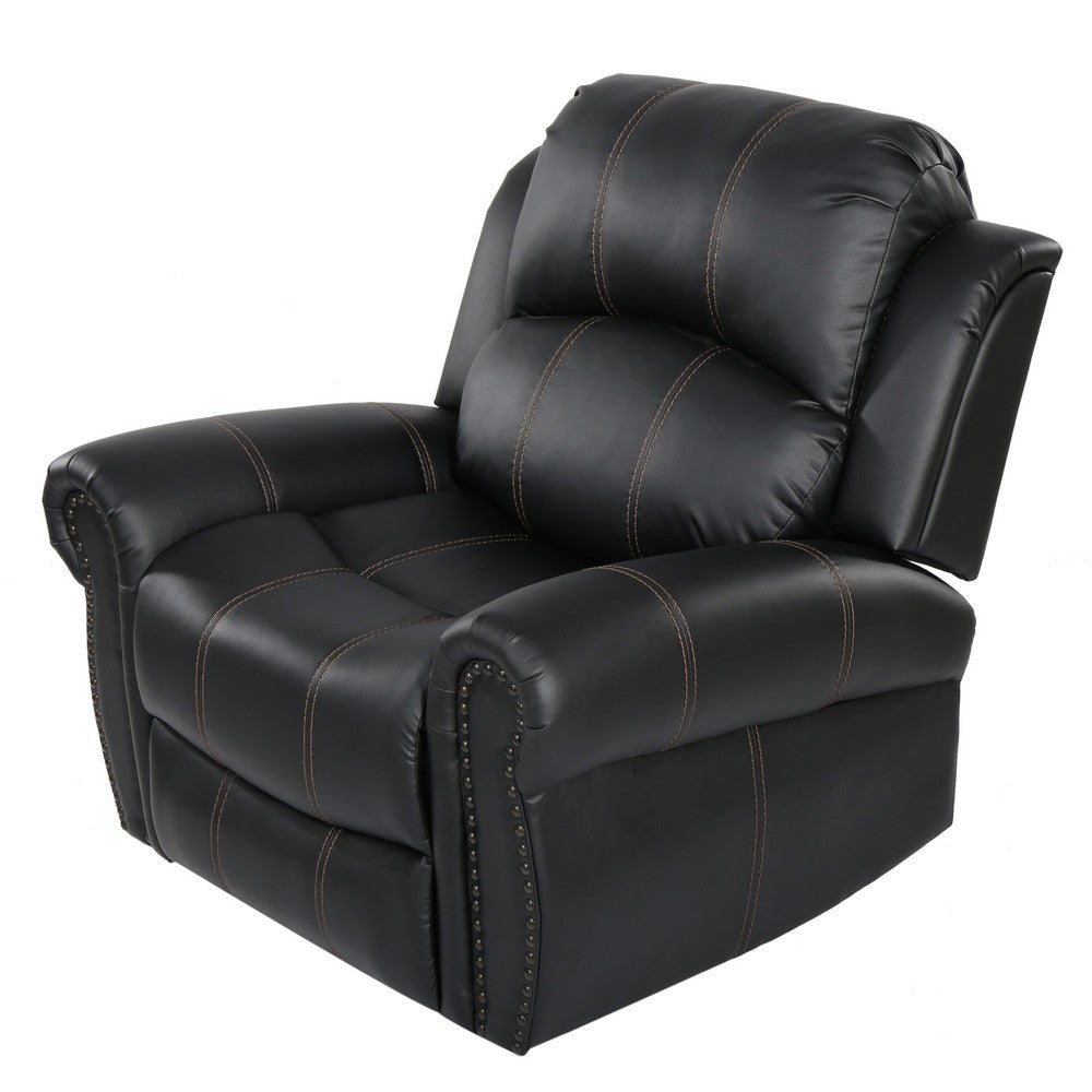 Manual Glider Recliner Chair, Nailhead Trim, Plush Black Faux Leather -BM335317
