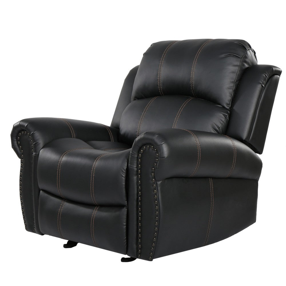 Manual Glider Recliner Chair, Nailhead Trim, Plush Black Faux Leather -BM335317