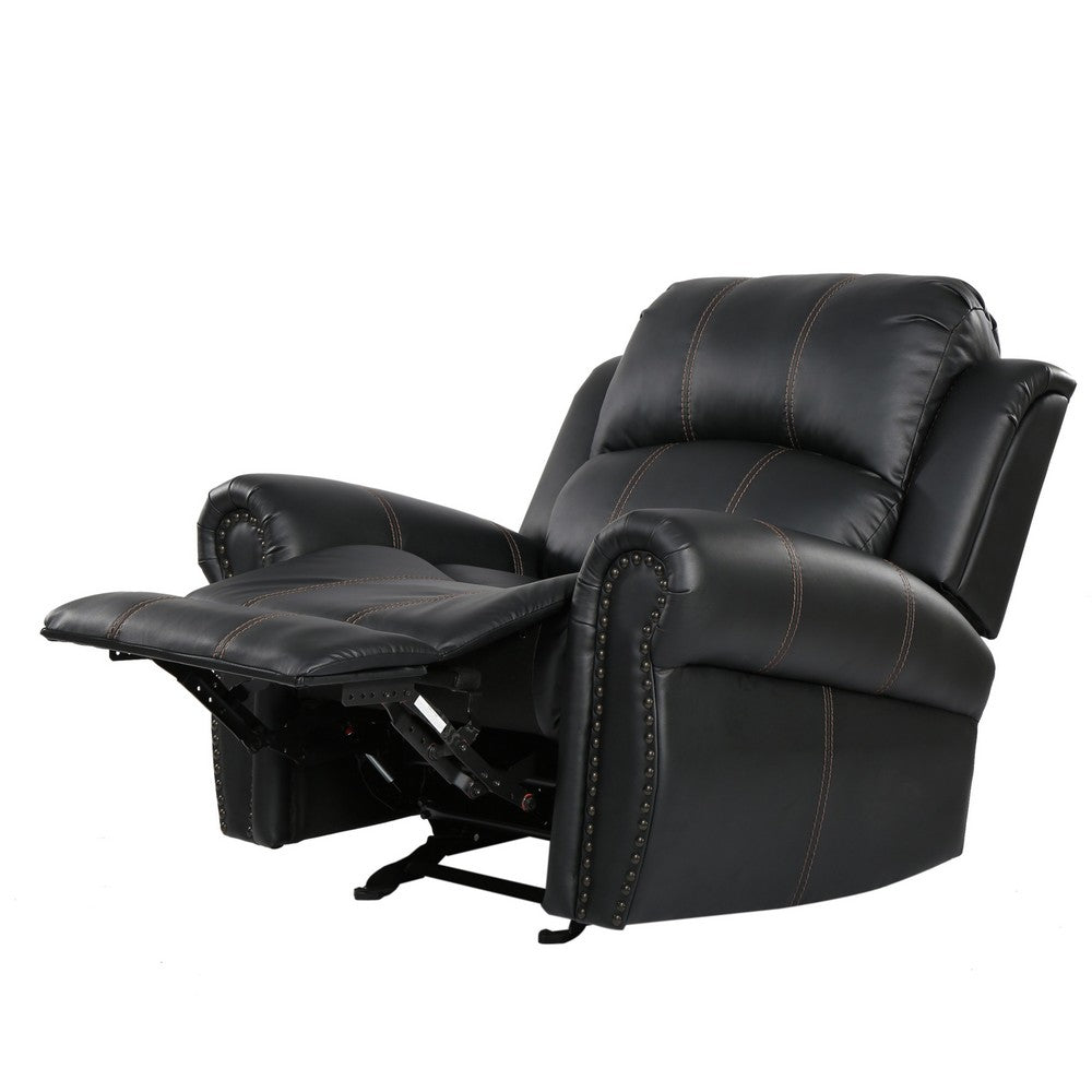 Manual Glider Recliner Chair, Nailhead Trim, Plush Black Faux Leather -BM335317
