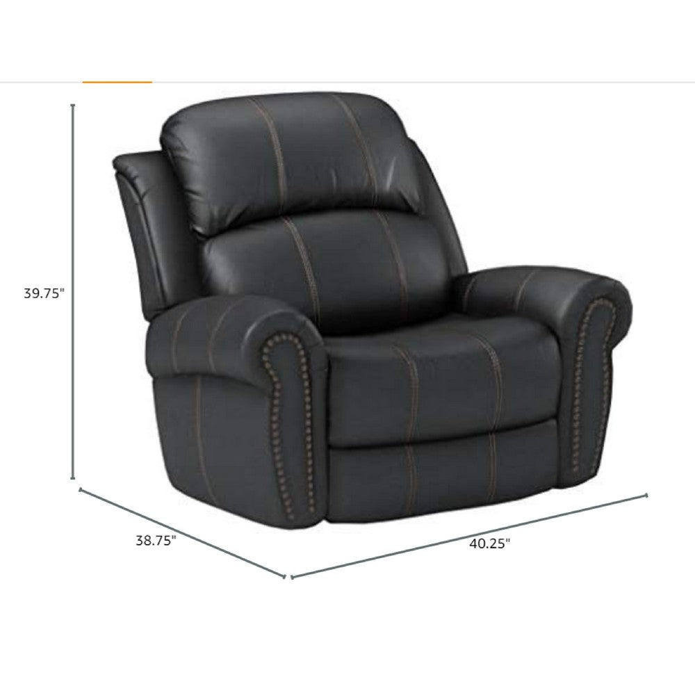 Manual Glider Recliner Chair, Nailhead Trim, Plush Black Faux Leather -BM335317