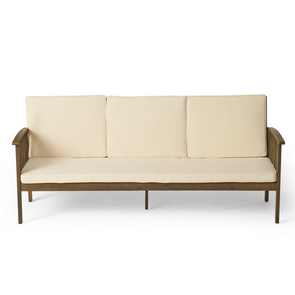 Gerry Outdoor Bench Sofa, Cream Foam Pads, Gray Acacia Wood 78 Inch -BM335320