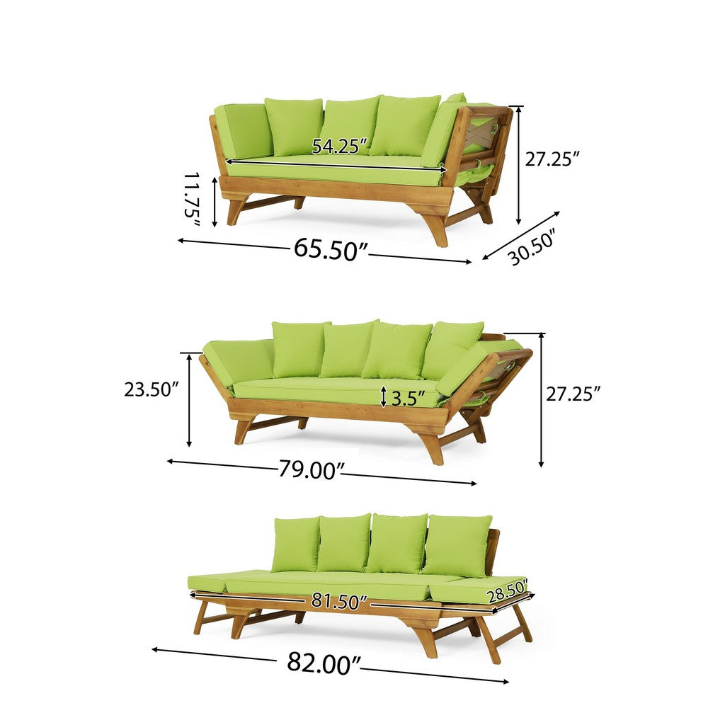 Flex Outdoor Daybed, 65 Inch Teak Brown Acacia Wood, Green Cushions -BM335323
