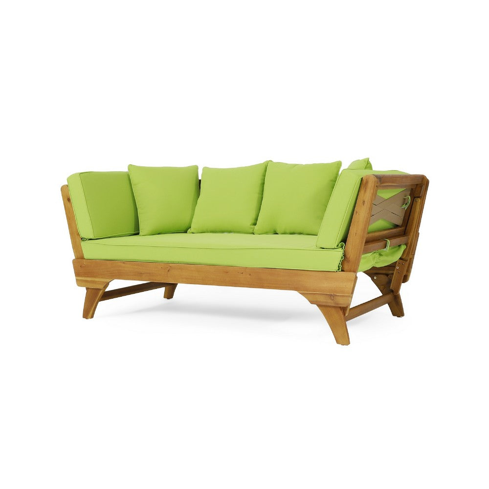 Flex Outdoor Daybed, 65 Inch Teak Brown Acacia Wood, Green Cushions -BM335323
