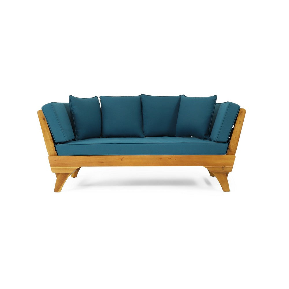 Flex Outdoor Daybed, 65 Inch Teak Brown Acacia Wood, Blue Cushions -BM335324