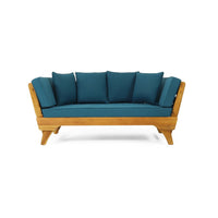 Flex Outdoor Daybed, 65 Inch Teak Brown Acacia Wood, Blue Cushions -BM335324