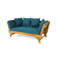 Flex Outdoor Daybed, 65 Inch Teak Brown Acacia Wood, Blue Cushions -BM335324