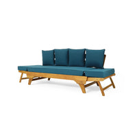Flex Outdoor Daybed, 65 Inch Teak Brown Acacia Wood, Blue Cushions -BM335324