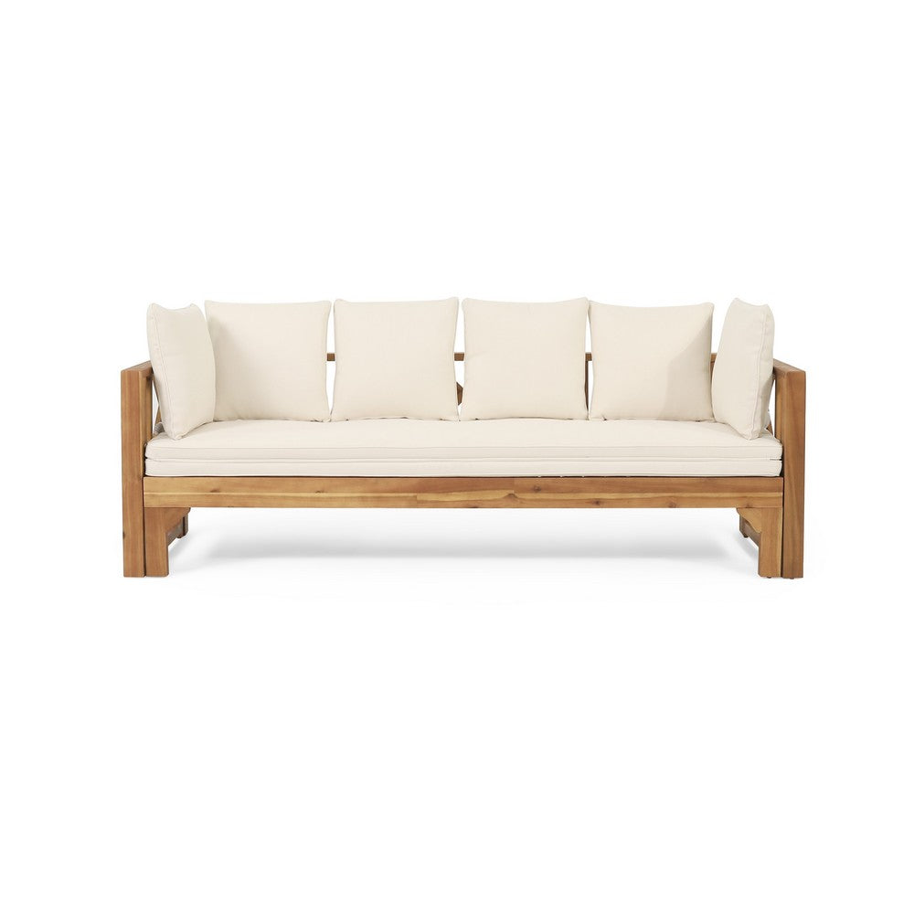 Outdoor Daybed Sofa, 79 Inch, Brown Acacia Wood Frame, Cream Cushions -BM335327
