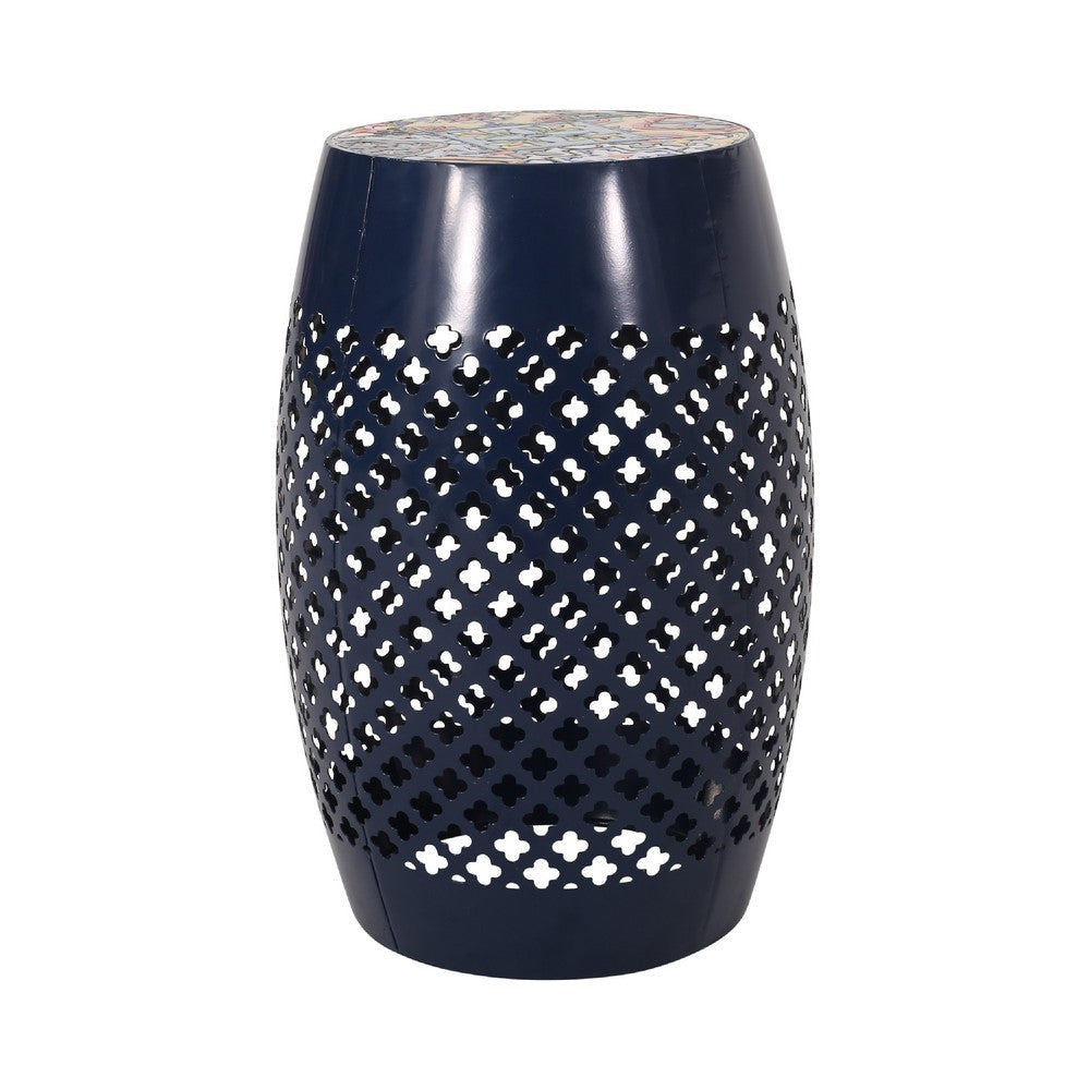 Rosie Outdoor Side Table, Dark Blue Iron, Lace Cut Drum Shape, 12 Inch -BM335353