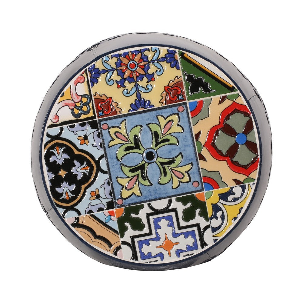 Rosie Outdoor Side Table, Dark Blue Iron, Lace Cut Drum Shape, 12 Inch -BM335353